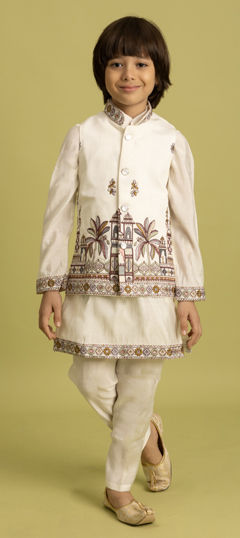 White and Off White color Boys Kurta Pyjama with Jacket in Viscose fabric with Embroidered, Sequence, Thread work