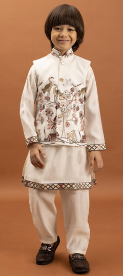 White and Off White color Boys Kurta Pyjama with Jacket in Viscose fabric with Embroidered, Sequence, Thread work