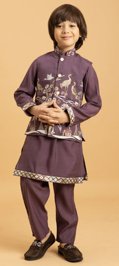 Purple and Violet color Boys Kurta Pyjama with Jacket in Viscose fabric with Embroidered, Sequence, Thread work
