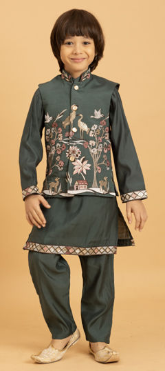 Green color Boys Kurta Pyjama with Jacket in Viscose fabric with Embroidered, Sequence, Thread work
