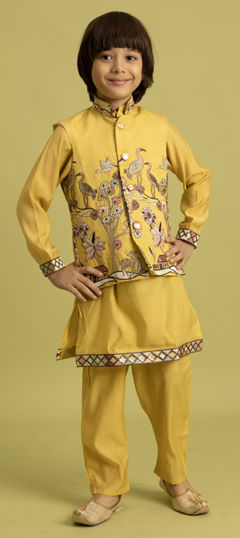 Yellow color Boys Kurta Pyjama with Jacket in Viscose fabric with Embroidered, Sequence, Thread work