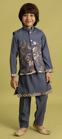 Black and Grey, Blue color Boys Kurta Pyjama with Jacket in Viscose fabric with Embroidered, Sequence, Thread work