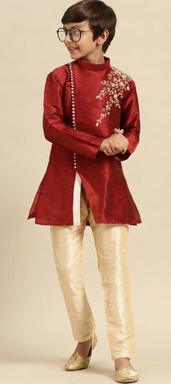 Red and Maroon color Boys Indo-Western in Dupion Silk fabric with Embroidered work
