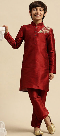 Red and Maroon color Boys Kurta Pyjama in Dupion Silk fabric with Embroidered work