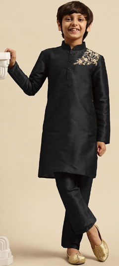 Black and Grey color Boys Kurta Pyjama in Dupion Silk fabric with Embroidered work