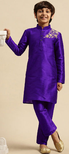 Blue color Boys Kurta Pyjama in Dupion Silk fabric with Embroidered work