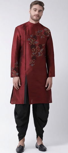 Red and Maroon color Dhoti Kurta in Dupion Silk fabric with Embroidered, Thread work