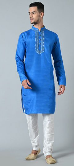 Blue color Kurta Pyjamas in Dupion Silk fabric with Embroidered, Thread work