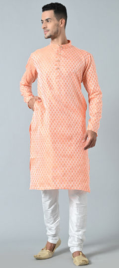 Orange color Kurta Pyjamas in Dupion Silk fabric with Embroidered, Thread work
