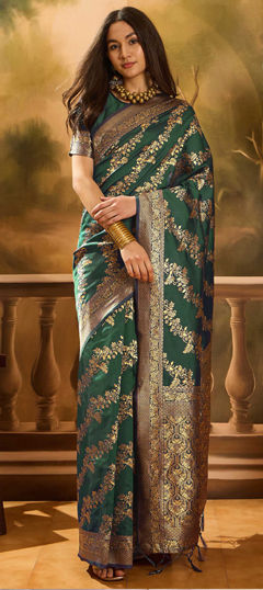 Green color Saree in Banarasi Silk fabric with Weaving work