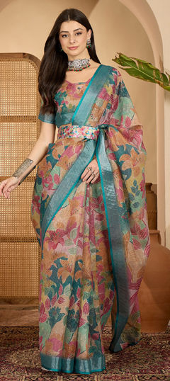 Multicolor color Saree in Linen fabric with Digital Print, Floral, Weaving work