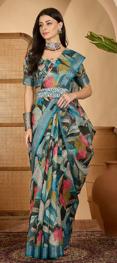 Blue color Saree in Linen fabric with Digital Print, Floral, Weaving work
