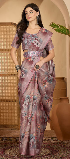 Pink and Majenta color Saree in Linen fabric with Digital Print, Floral, Weaving work