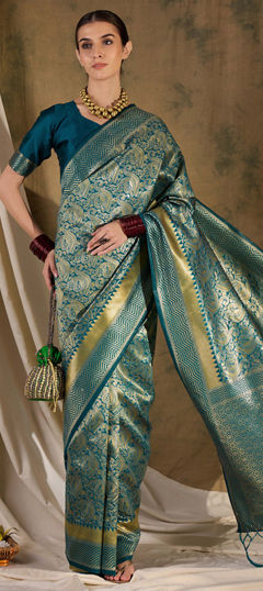 Blue color Saree in Banarasi Silk fabric with Weaving work