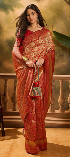 Red and Maroon color Saree in Banarasi Silk fabric with Weaving work