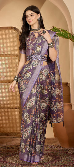 Purple and Violet color Saree in Linen fabric with Digital Print, Floral, Weaving work
