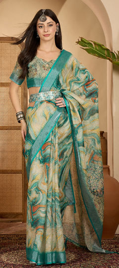 Blue color Saree in Linen fabric with Digital Print, Floral, Weaving work