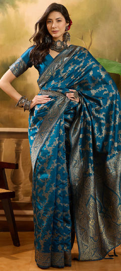 Blue color Saree in Banarasi Silk, Jacquard fabric with Weaving work