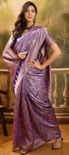 Purple and Violet color Saree in Banarasi Silk, Jacquard fabric with Weaving work