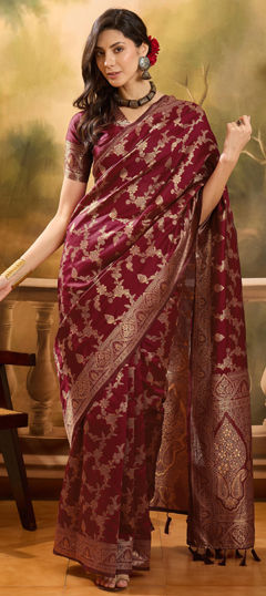 Red and Maroon color Saree in Banarasi Silk, Jacquard fabric with Weaving work