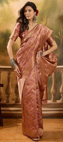 Pink and Majenta color Saree in Banarasi Silk, Jacquard fabric with Weaving work