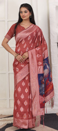 Red and Maroon color Saree in Cotton, Linen fabric with Digital Print, Weaving work