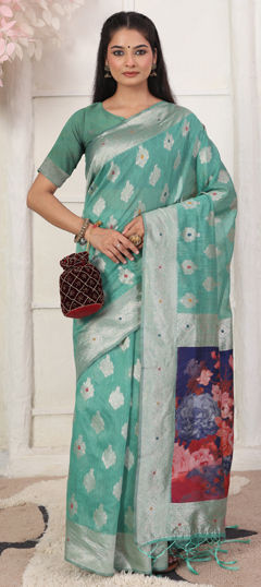 Green color Saree in Cotton, Linen fabric with Digital Print, Weaving work