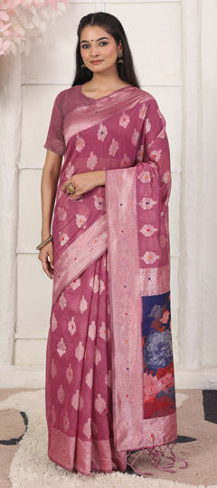 Pink and Majenta color Saree in Cotton, Linen fabric with Digital Print, Weaving work