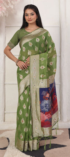 Green color Saree in Cotton, Linen fabric with Digital Print, Weaving work