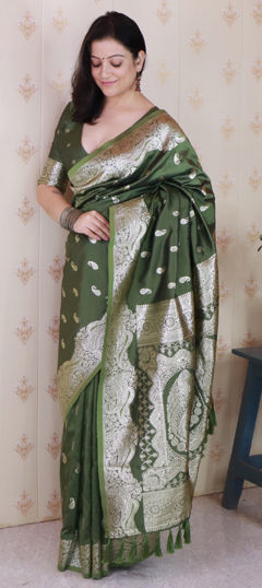 Green color Saree in Banarasi Silk fabric with Weaving, Zari work
