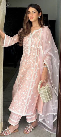 Orange color Salwar Kameez in Organza Silk fabric with Embroidered, Lace work