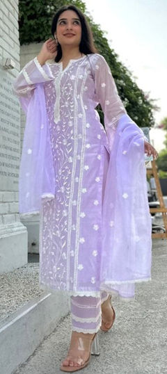 Purple and Violet color Salwar Kameez in Organza Silk fabric with Embroidered, Lace work