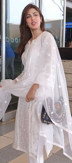 White and Off White color Salwar Kameez in Organza Silk fabric with Embroidered, Lace work