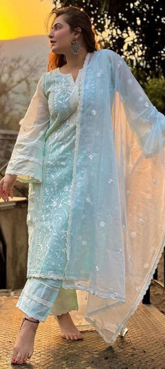 Blue color Salwar Kameez in Organza Silk fabric with Embroidered, Lace work
