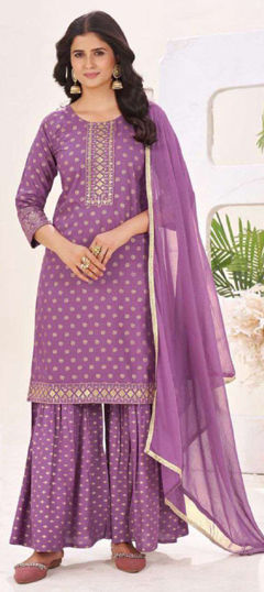 Purple and Violet color Salwar Kameez in Rayon fabric with Embroidered, Printed, Zari work