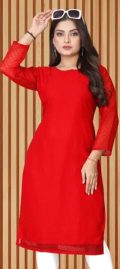 Red and Maroon color Kurti in Cotton fabric with Embroidered, Thread work