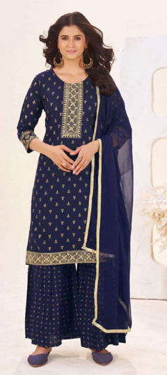 Blue color Salwar Kameez in Rayon fabric with Embroidered, Printed, Zari work