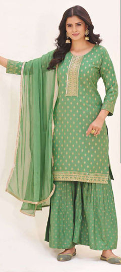 Green color Salwar Kameez in Rayon fabric with Embroidered, Printed, Zari work