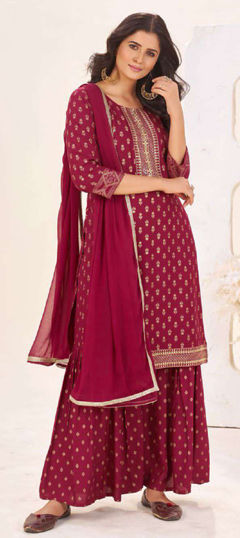 Red and Maroon color Salwar Kameez in Rayon fabric with Embroidered, Printed, Zari work