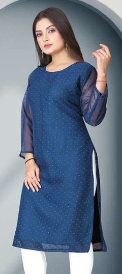 Blue color Kurti in Cotton fabric with Embroidered, Thread work