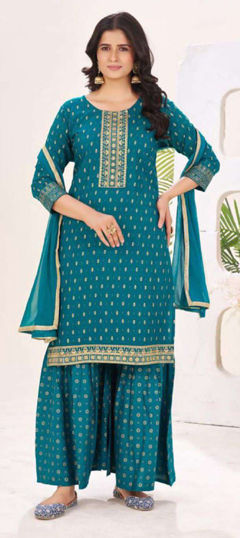 Blue color Salwar Kameez in Rayon fabric with Embroidered, Printed, Zari work