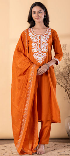 Beige and Brown color Salwar Kameez in Cotton fabric with Embroidered, Mirror, Resham, Thread work