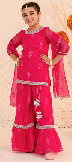 Pink and Majenta color Kids Salwar in Blended Cotton fabric with Embroidered, Lace work