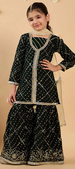 Black and Grey color Kids Salwar in Georgette fabric with Bandhej, Embroidered, Printed, Sequence work