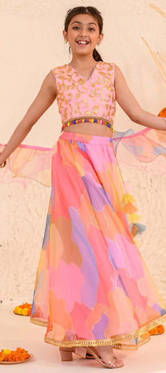 Pink and Majenta color Kids Lehenga in Organza Silk fabric with Embroidered, Lace work