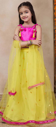 Pink and Majenta color Kids Lehenga in Net fabric with Lace, Zircon work