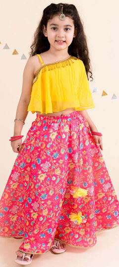 Yellow color Kids Lehenga in Blended fabric with Floral, Lace, Printed work