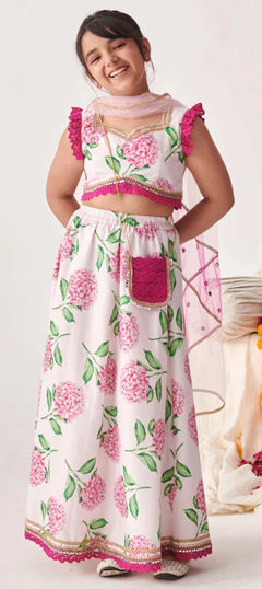 Pink and Majenta, White and Off White color Kids Lehenga in Cotton fabric with Floral, Lace, Printed work
