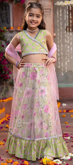 Green color Kids Lehenga in Cotton fabric with Floral, Lace, Printed, Sequence work