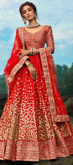 Red and Maroon color Lehenga in Net fabric with Embroidered, Sequence work